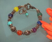 Rainbow, chakra bracelet, antique copper, shiny solid bronze, vintage style, handmade, natural gemstone, multi stone, beaded, gift idea