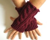 Fingerless Gloves Wrist Warmers in Burgundy Handknit Cabled