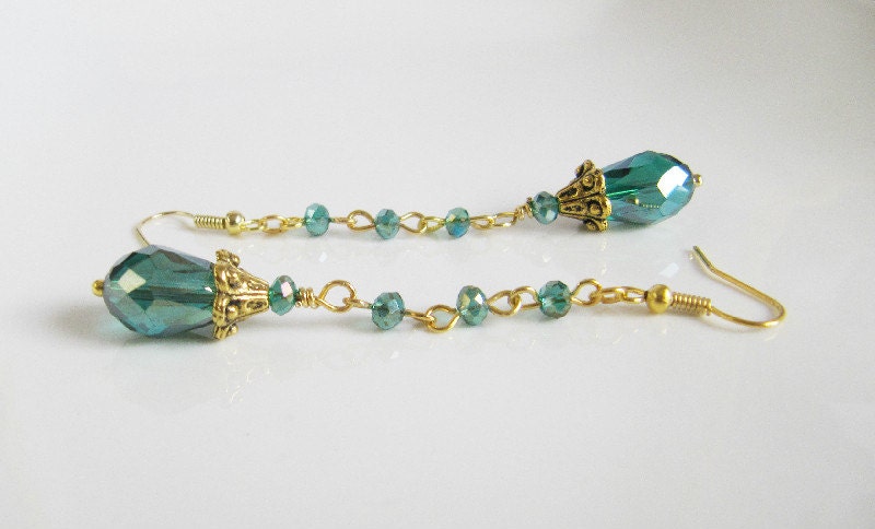 Teal earrings, jewelry, dangle earrings, drop earrings, gift for her, crystal earrings, teal jewelry, gold plated, long earrings