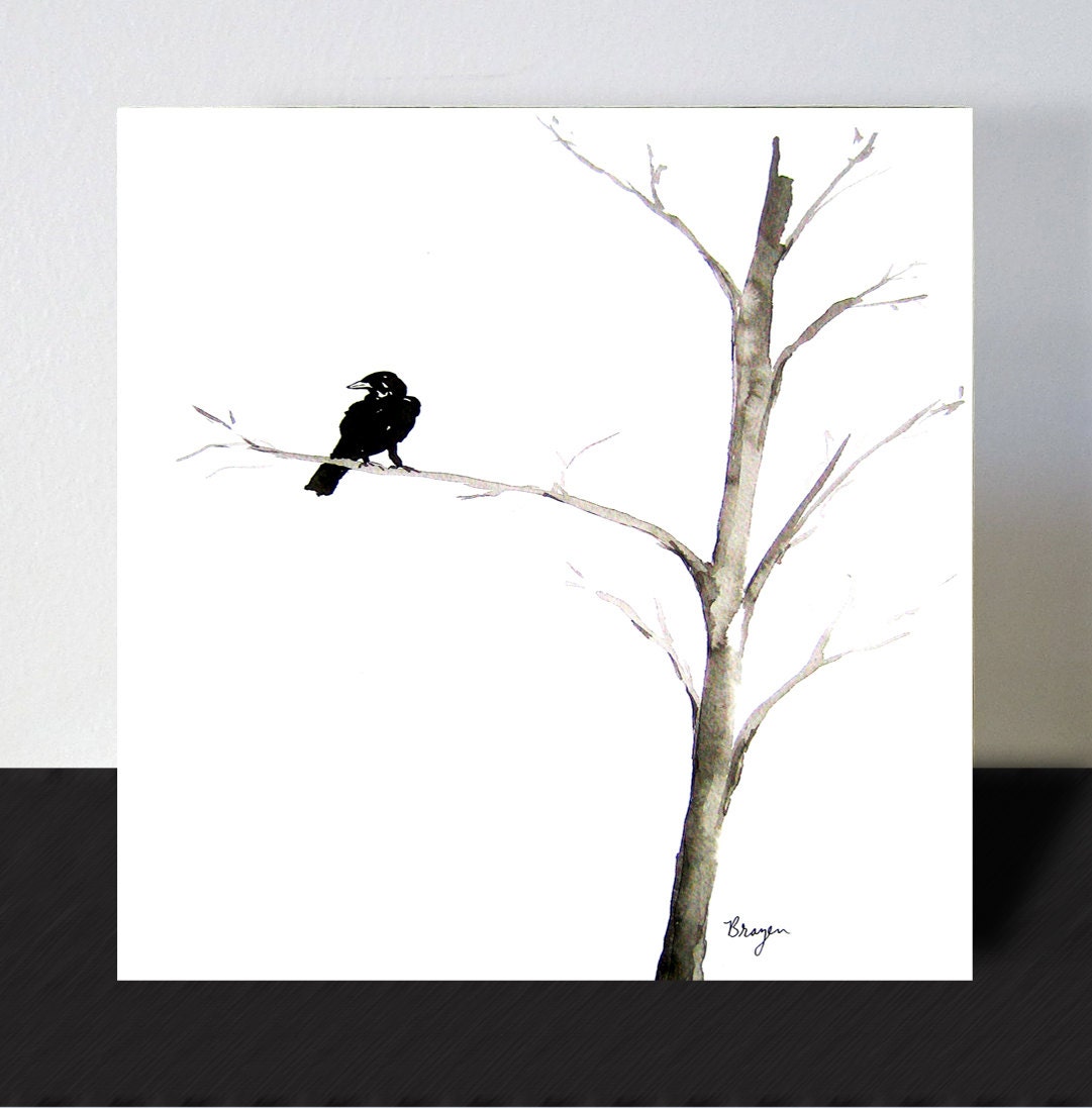 Wall Decor - Art Block - Raven in a Tree Wood Block Print - 8x8 Bird Art Print - Black and White Home Decor Housewares