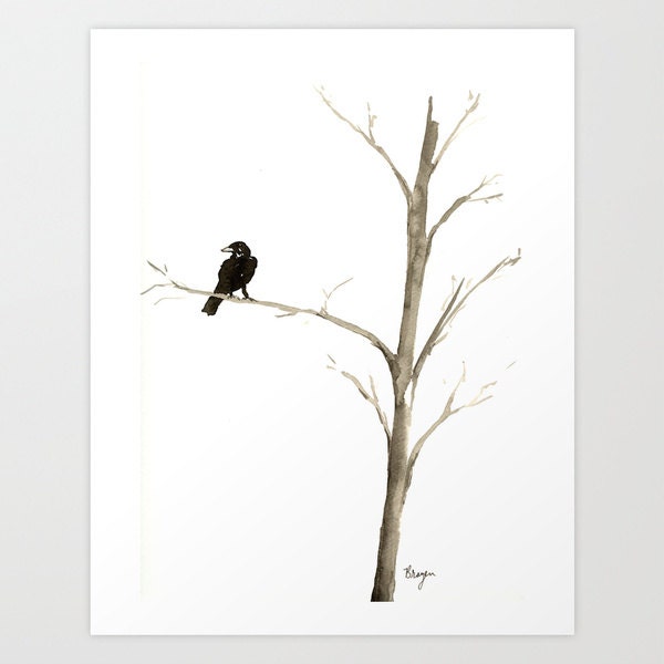 Ink Painting - Raven in a Tree - Mimimalist Art - Gothic Bird Sumi-e