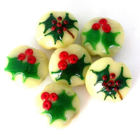4 Christmas holly beads, mistletoe, red and green, holiday lampwork glass beads