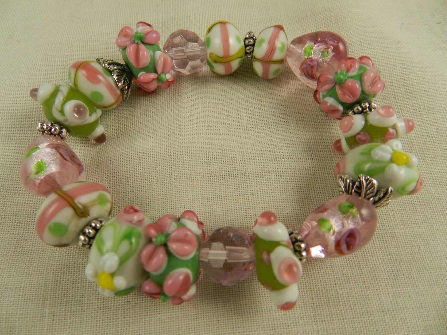 Lampwork Bracelet Pink Green Flower Design Stretch Handmade