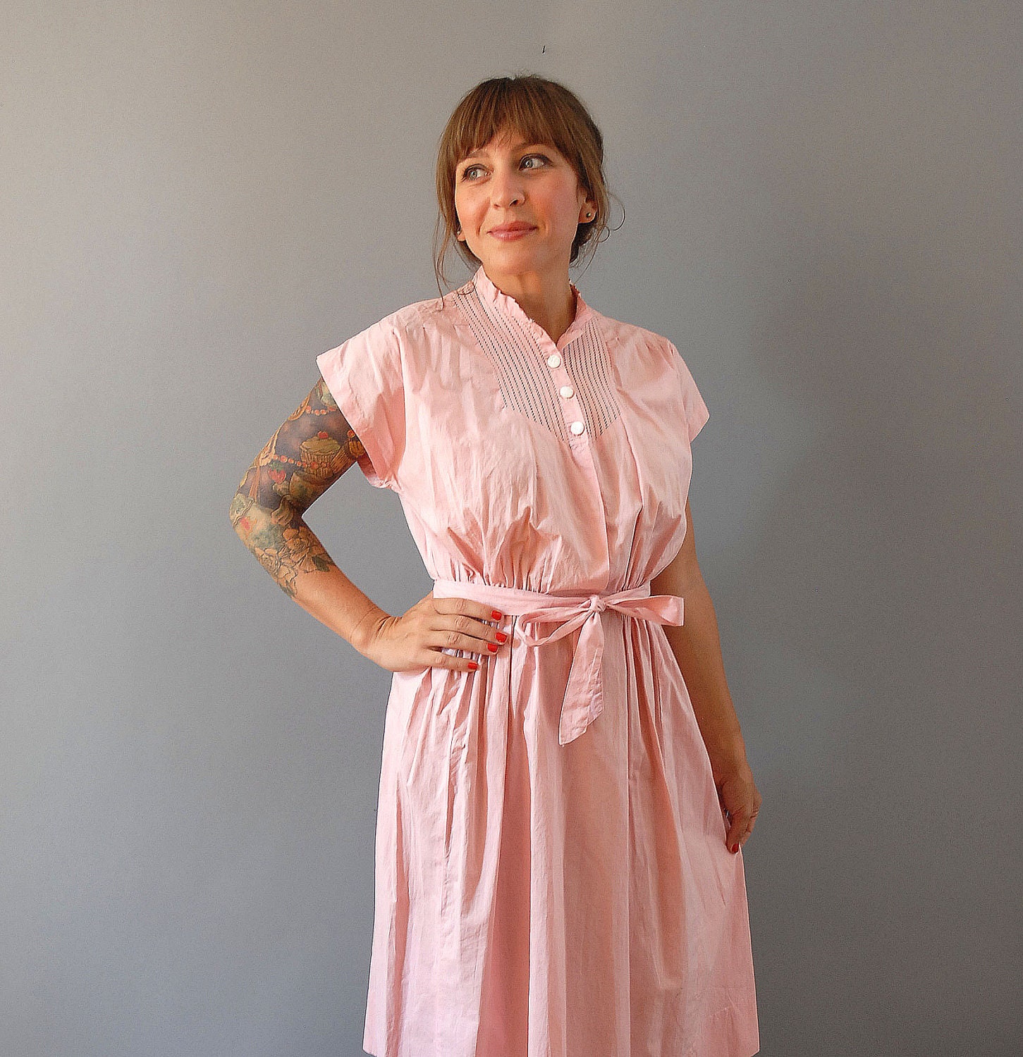 s a l e 1970s Cotton Dress / Pink Tie Dress / 50s style