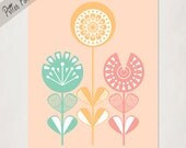 Nursery Art, Pastel Nursery Flowers,  Mid-Century Modern Digital Kid's Drawing, Scandinavian Inspired, Mod Baby Girl's Wall Art, 8x10