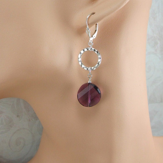 Amethyst Purple Crsytal Hammered Sterling Silver Earrings