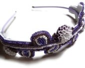 Beaded Purple Headband in White and Purple Beadwork with Chrysanthemum  Cabochons on  a Lavender Flexible Metal Headband