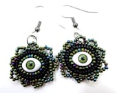 Black and Green Evil Eye Earrings - Beaded Jewelry - MegansBeadedDesigns