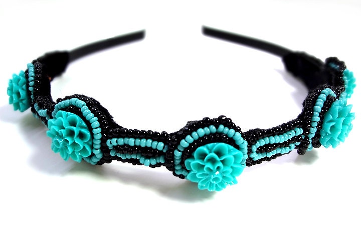 Black and Teal Beaded Metal Headband