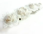 Bridal Hair Clip - Beaded Barrette with White Polymer Clay Roses - MegansBeadedDesigns