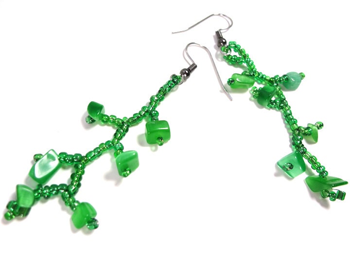 Emerald Green Dangling Earrings on hooks or Clip Ons