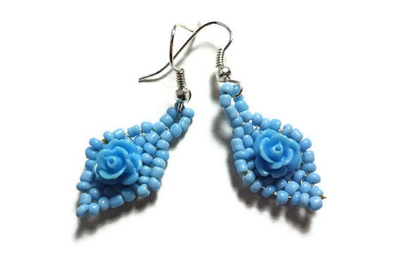 Cute Sky Blue Rose Earrings - On Silver Plated Hooks or Clip Ons