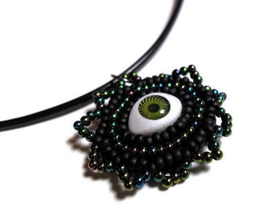 Evil Eye Black and Green Pendant Necklace on a Black Cord with Green and Black Beads