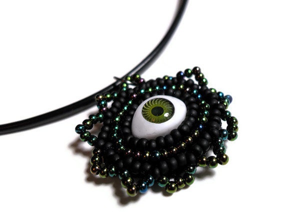 Evil Eye Black and Green Pendant Necklace on a Black Cord with Green and Black Beads