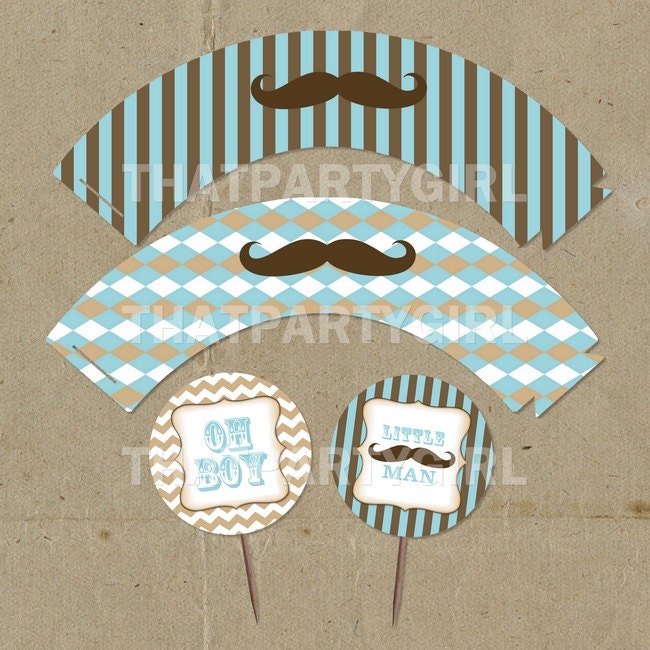 Vintage Inspired Mustache Bash Party Cup Cake Wrappers and Toppers - DIY digital U Print