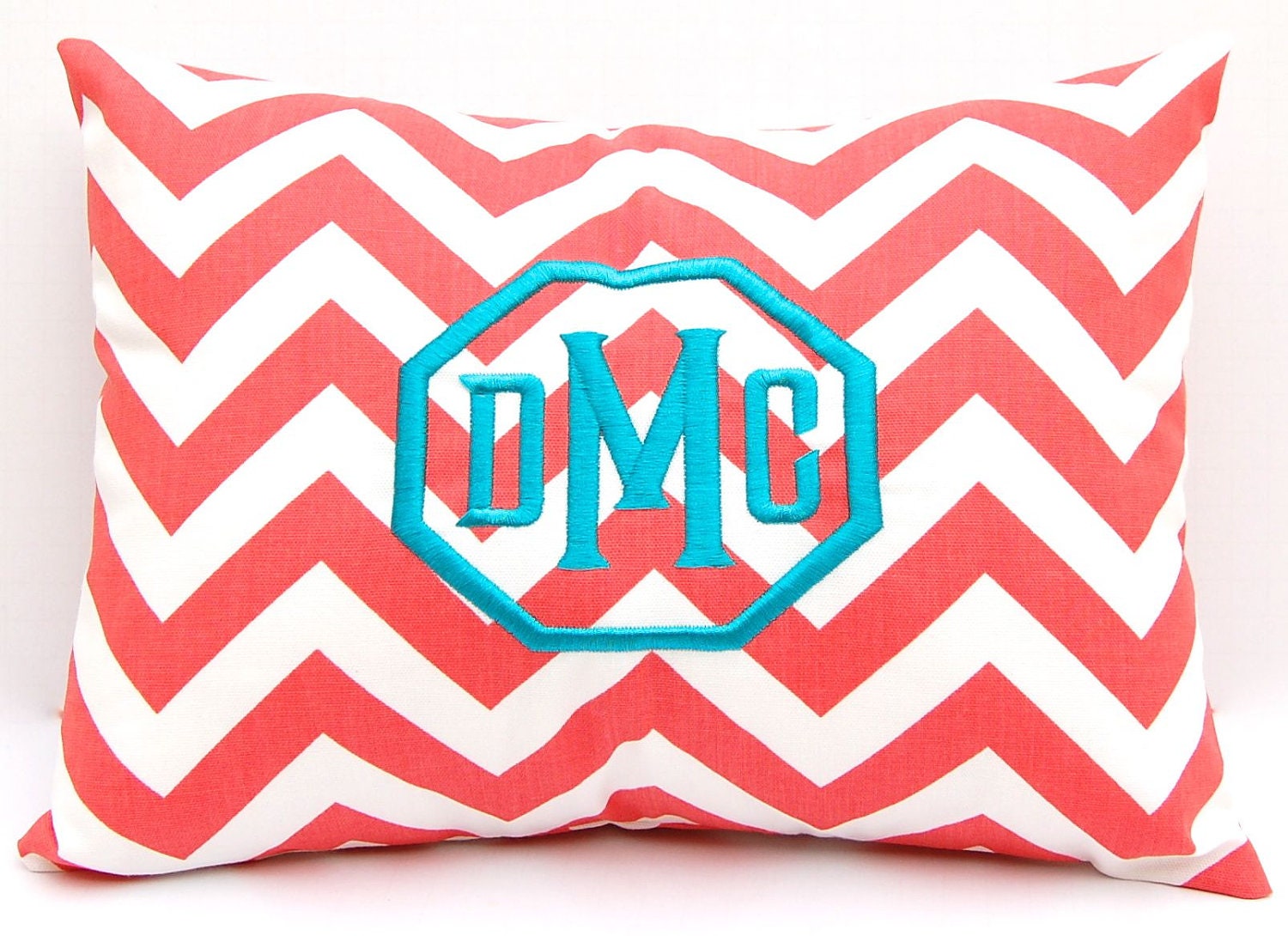 Monogrammed Coral Chevron Pillow Cover Monogram WITH Insert Embroidered Monogram 12 x 16 Personalized Gift Housewarming Baby Wedding