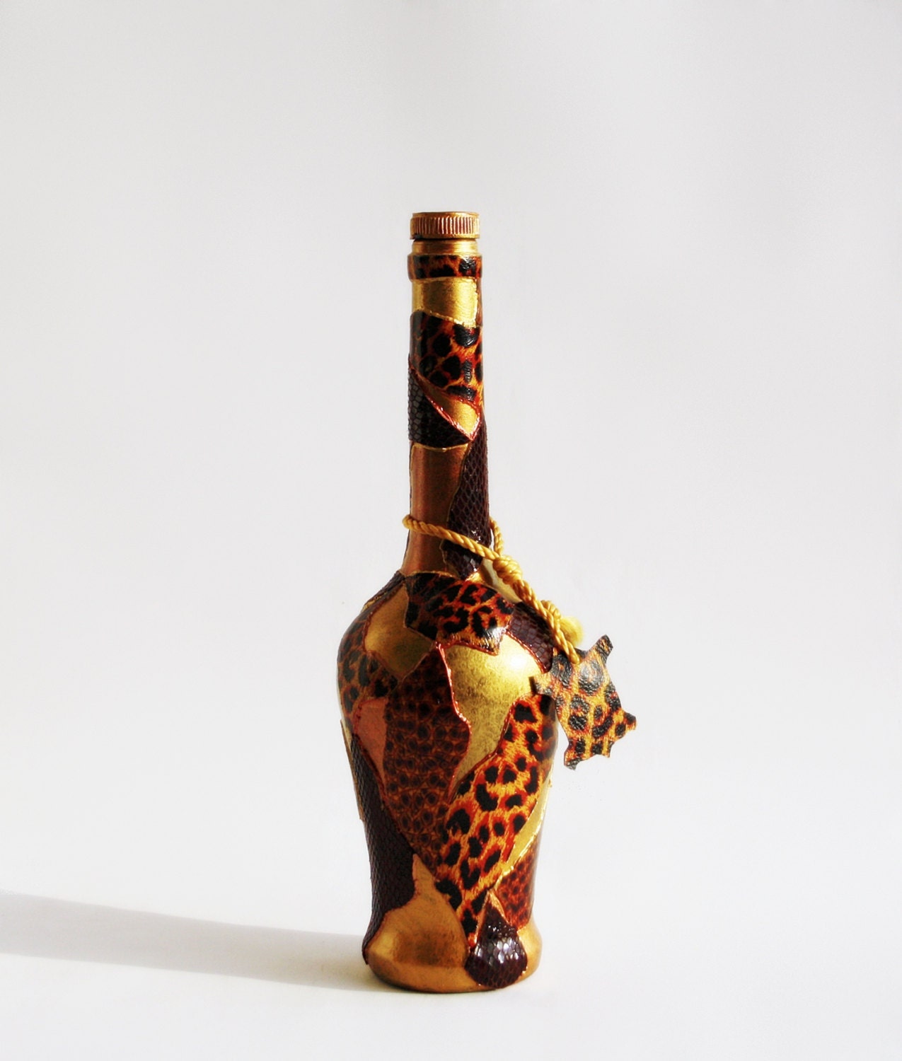 OOAK Hand Painted Upcycled Bottle  Decorated with real leather animal print gold copper