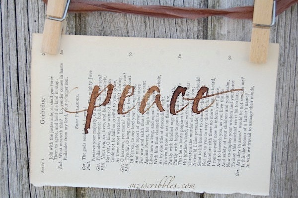 PEACE, calligraphy, collage paper, old book page, vintage book, paper ephemera, scrapbooking