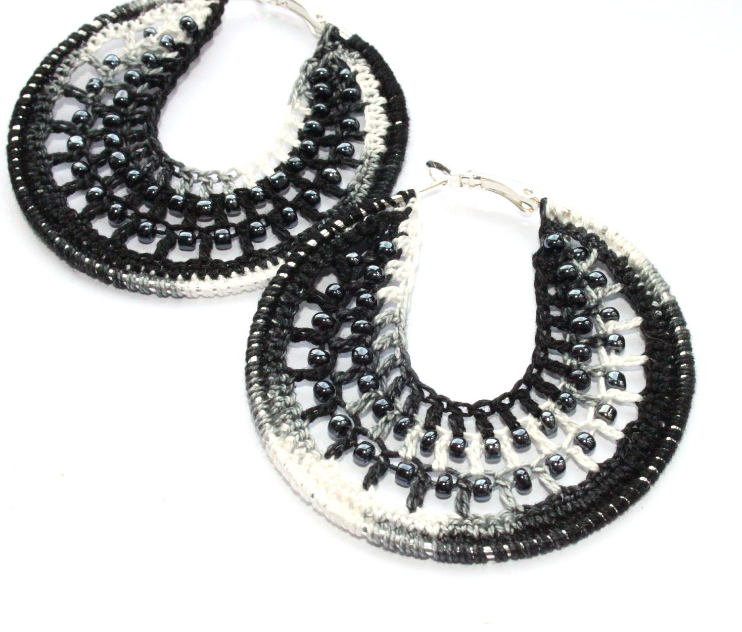 Crochet Hoop Earrings, Silver Plated Drop Earrings, Boho Womans Accessory, Beaded, Black, White, Grey