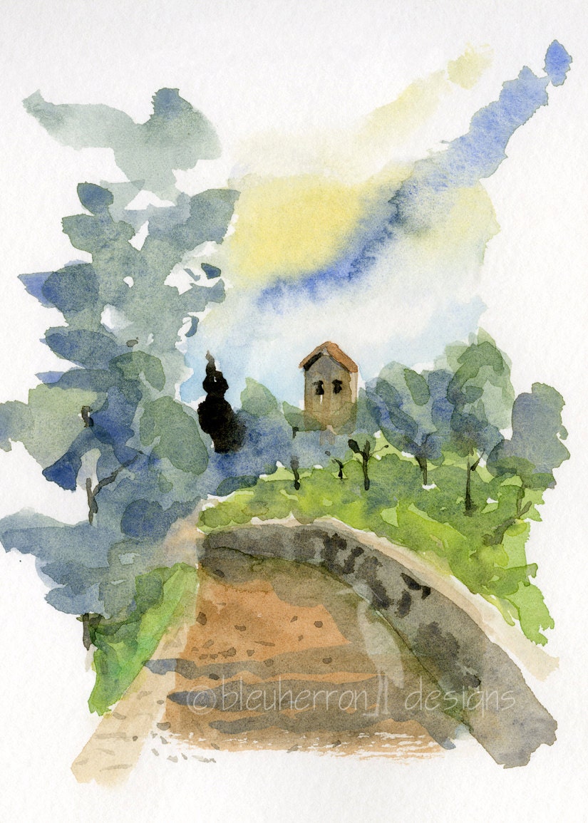 watercolor painting- Chapel Among Olives- 5x7 print