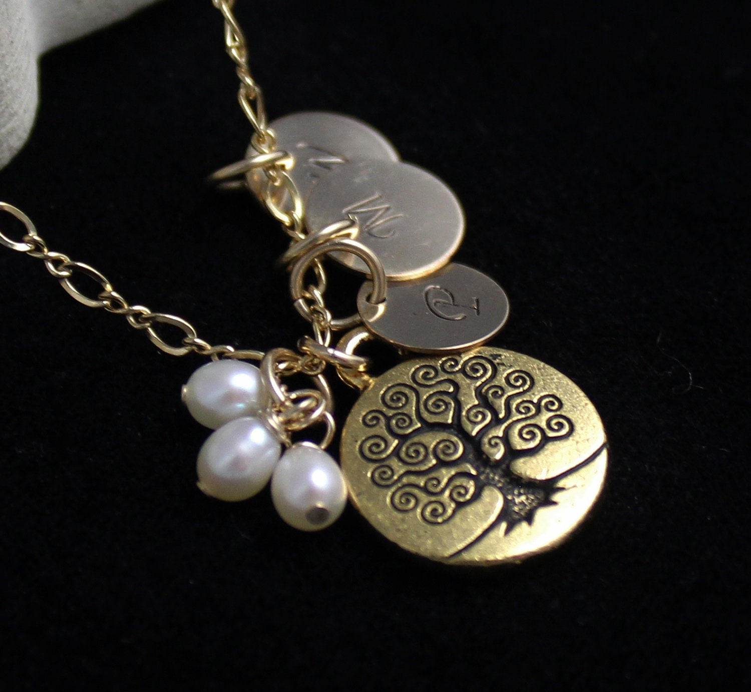 Mother Necklace, GOLD Family Tree Personalized Necklace with Three Stamped Charms, Grandmother Gift, Personalized Jewelry