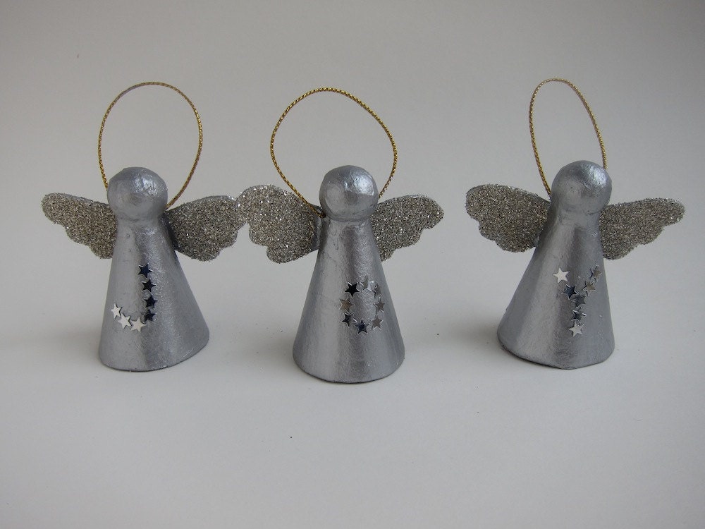 JOY Angel Ornament Trio -- Holiday Decor -- Silver Glitter -- Tabletop Mantel Tree -- Whimsical