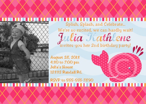 Pink Whale Invitations for Birthday Party or Baby Shower DIY Printable Photo Invite by BeeAndDaisy Il_570xn