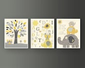 Kids Wall Art Nursery Decor // Baby Boy Room Art // Set of 3 8x10 // Nursery Wall Art Decor // Yellow Gray // Elephant, ABC, Alphabet