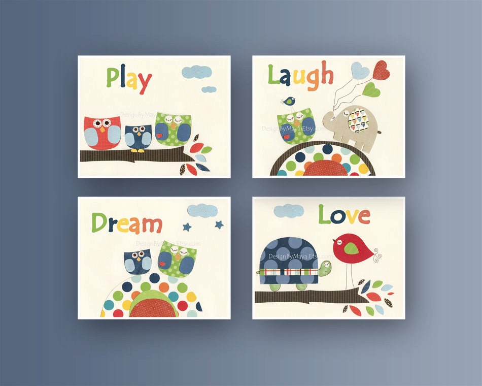 Kids Wall Art, Nursery Art Print, Nursery Quotes / Owls Elephants Birds / Colors Blue Red Green // Set of 4 8x10, play, love, laugh, dream
