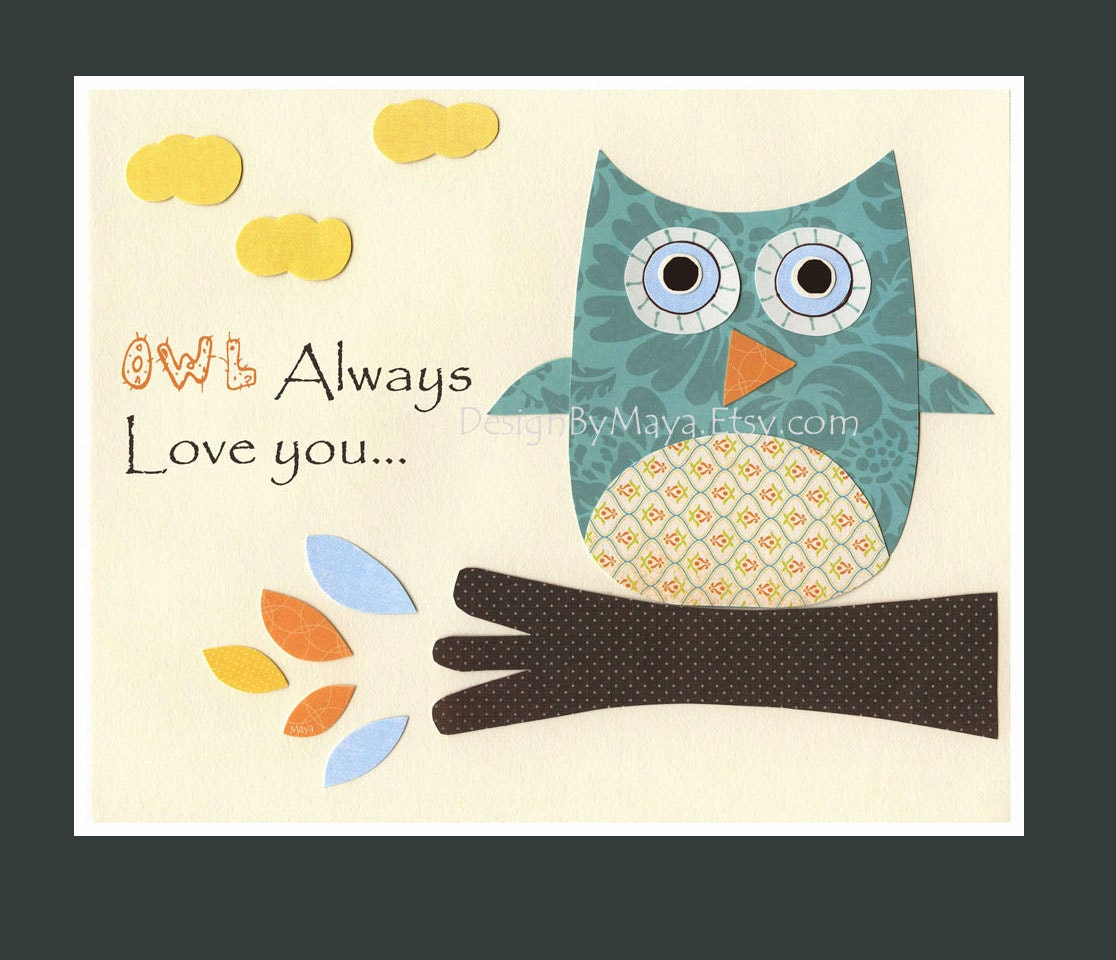 Nursery wall art print, Baby boy room decor, Owls ...OWL always love you.....aqua orange