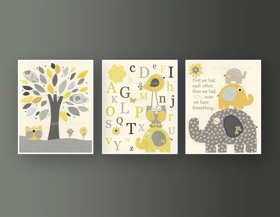 Kids Wall Art Nursery Decor // Baby Boy Room Art // Set of 3 8x10 // Nursery Wall Art Decor // Yellow Gray // Elephant, ABC, Alphabet