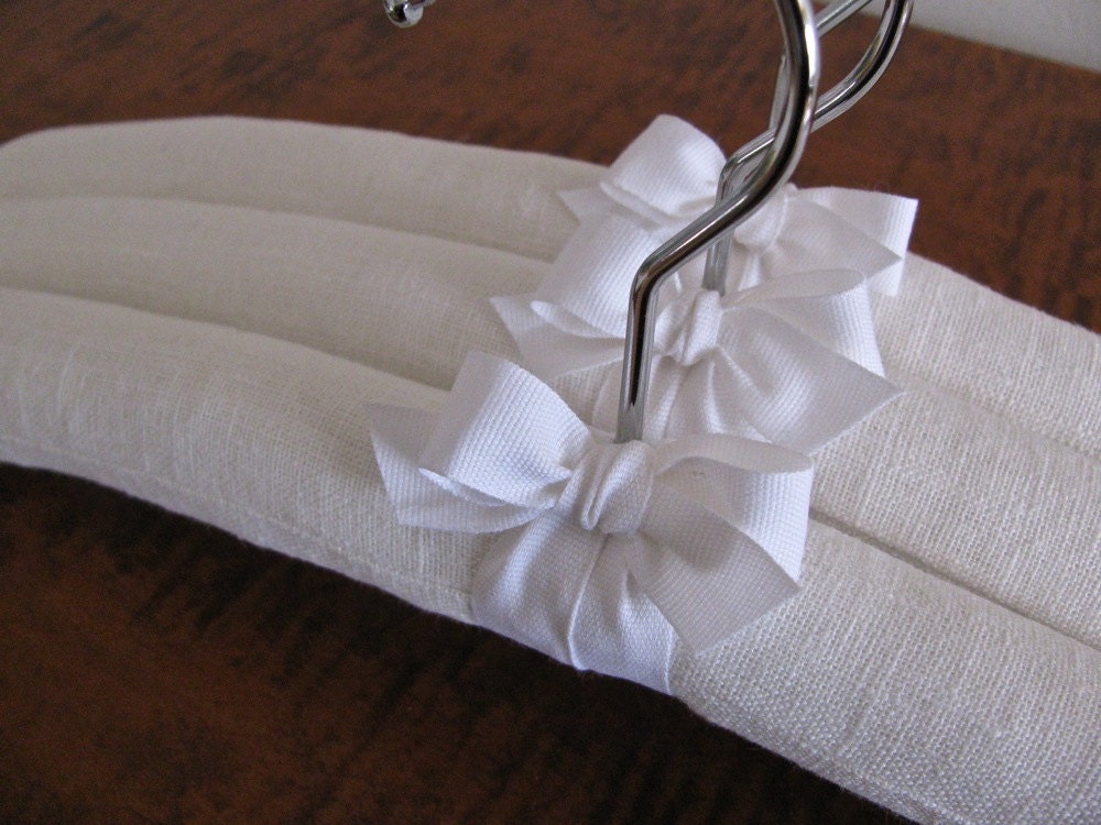 White Linen Padded Hangers, White Organic Cotton Ribbon Accent (Set of 3)