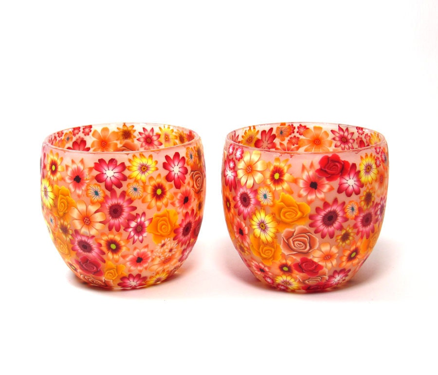 Polymer clay candle holders, Polymer clay covered glass, orange flower canes