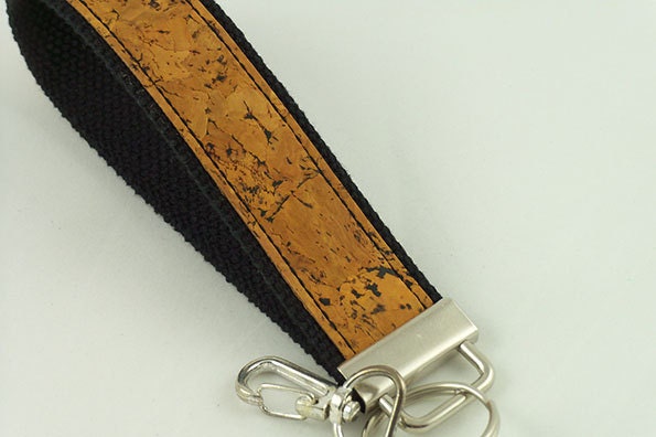 Color Blocked Key Fob made with Cotton Webbing and Cork Fabric Trim