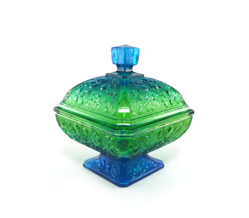 Vintage ombre glass candy dish - emerald green, teal blue, compote, pedestal - reconstitutions