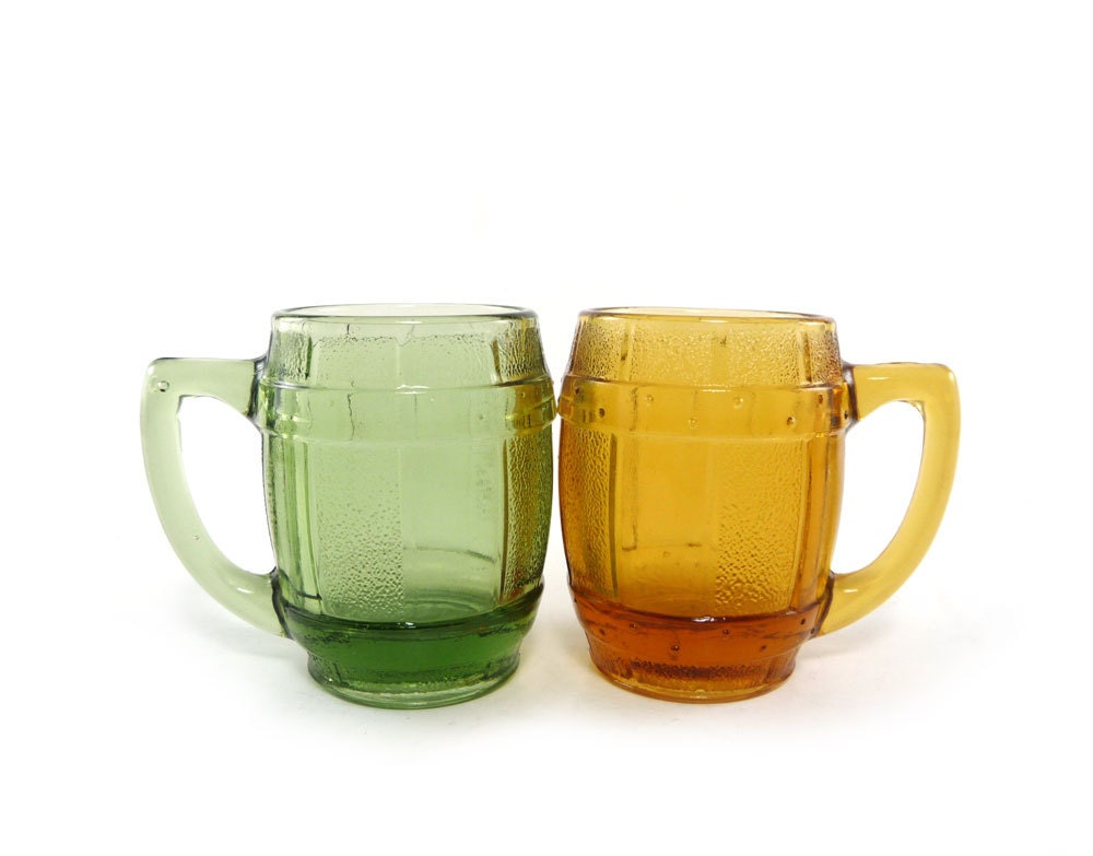 Miniature glass mugs - amber & green barrel mugs, honey gold, yellow