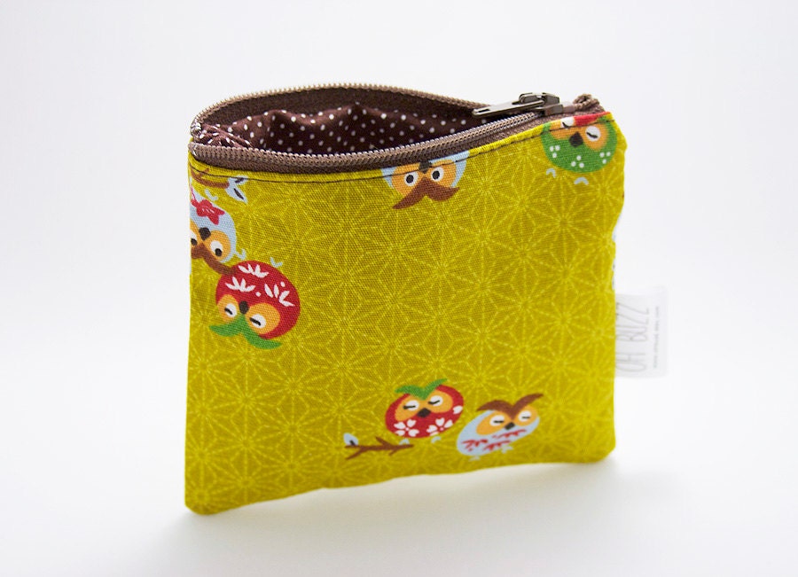 Yellow Fall Owls - Kawaii Coin Purse - Handmade Zipper Pouch