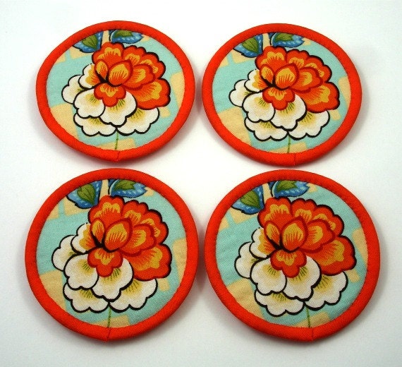 COASTERS - Set of Four (Orange, White and Pale Aqua Cotton Fabric)