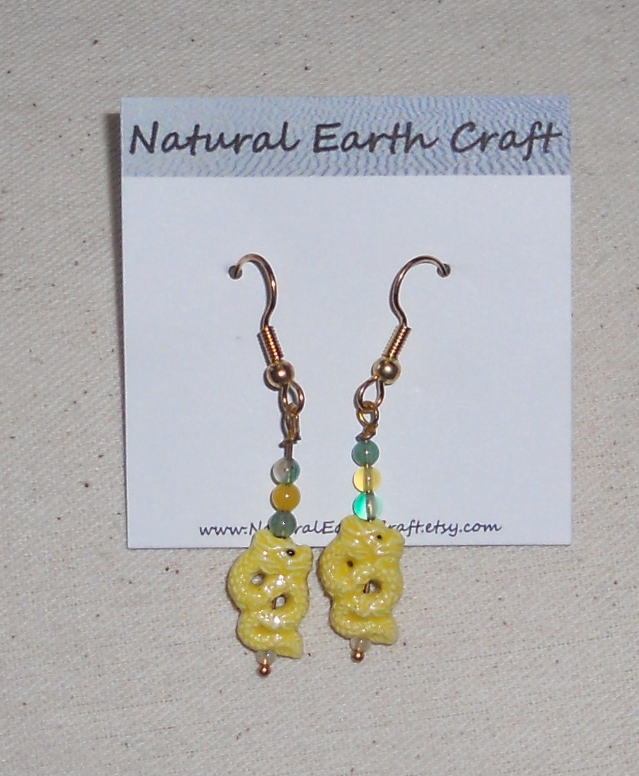 Peruvian ceramic yellow dragon earrings chinese jewelry packaged in a colorful gift bag E2131