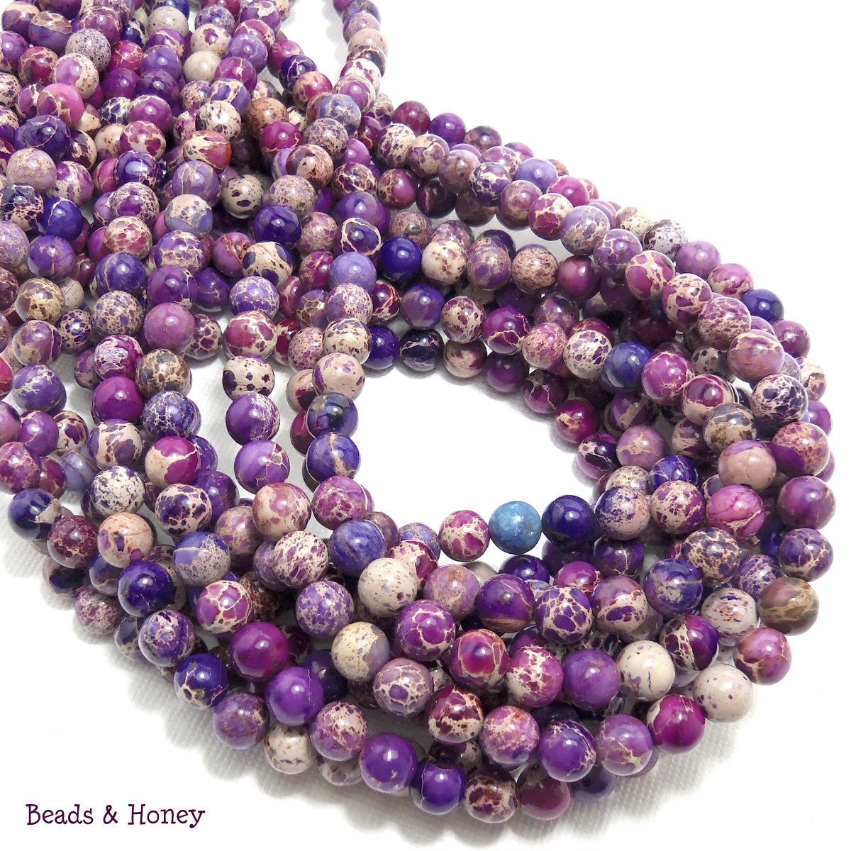 Impression Stone, Purple, Mixed, Gemstone Beads, Round, Smooth, 6mm, Small, 66pcs, Full-Strand - ID 1227 - BeadsAndHoney