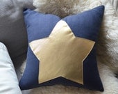 Sukan / Navy Blue Linen Pillow Cover - Gold Star - Decorative Pillow - Accent Pillow - 16x16 inch