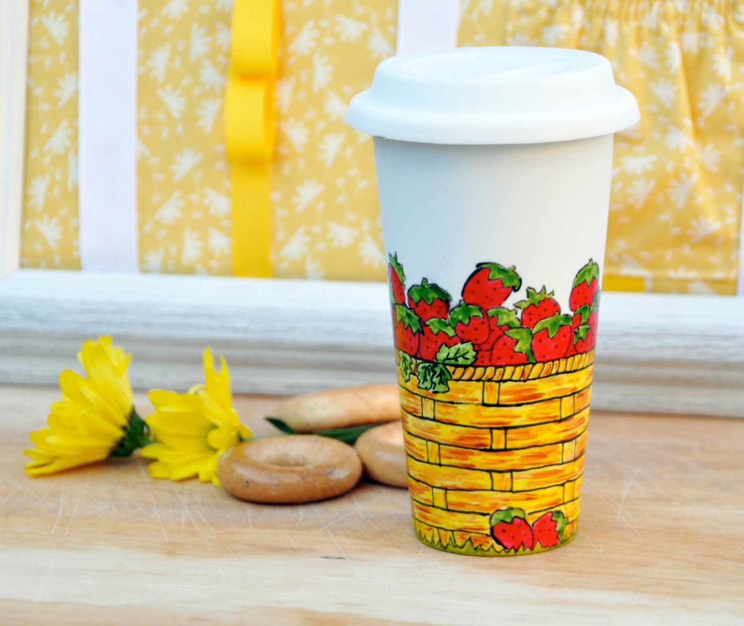 Porcelain Travel Mug - Hand Painted Ceramic Eco Cup with Lid - Black Friday - Cyber Monday