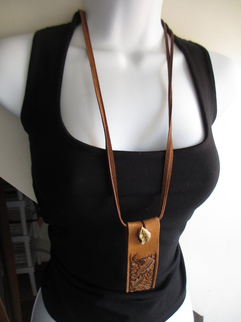 Long Brown Recycled Leather w Painted Acorn and Leaf Detail Necklace
