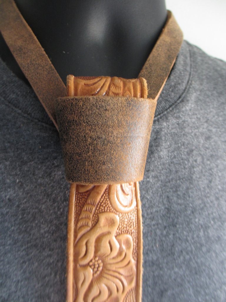 Brown Recycled Leather with Romantic Tool Etching Belt Tie