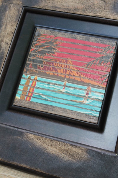 Upcycled Surf Wall Art - Tropical Surfing Beach Scene on Reclaimed Wood Door - recycled paper, distressed wood