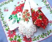 HANKIE ASSORTMENT, Vintage Christmas Lot of 4, Poinsettias, Red, White, Scalloped Edges, Green, Great Condition, Clean, Pressed