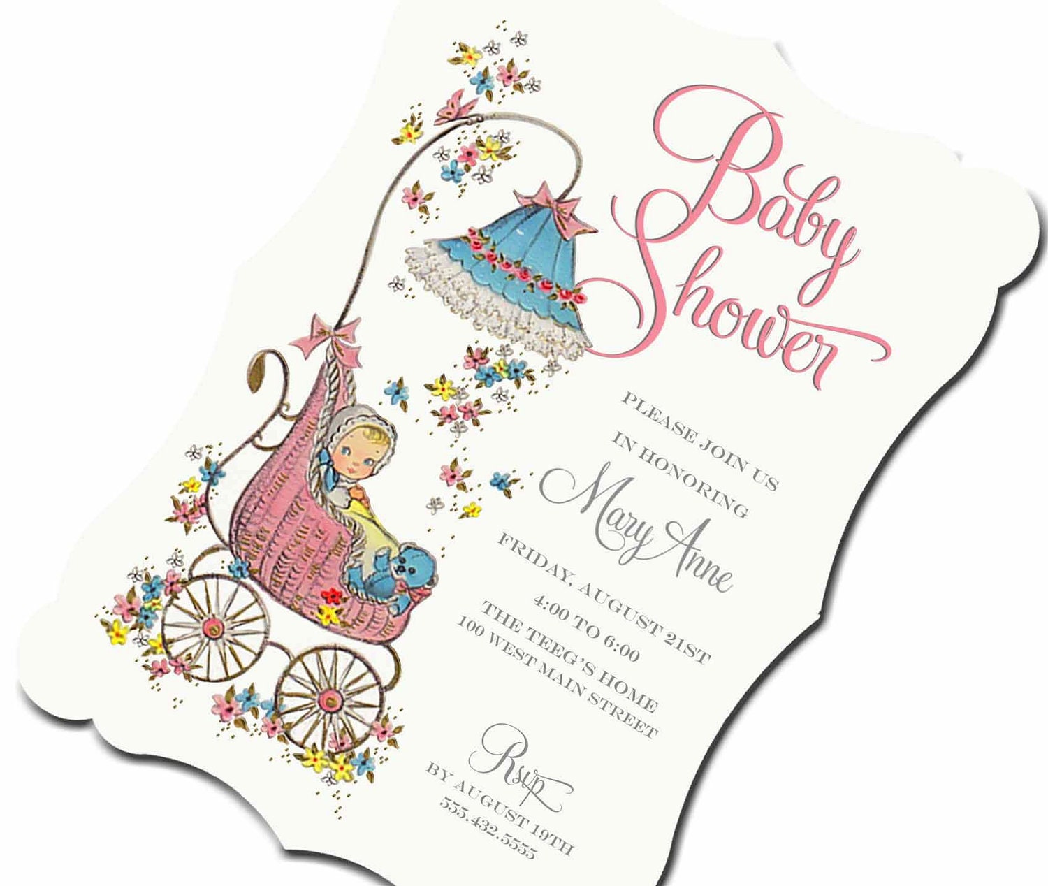 Vintage Posey Pram Shower Invitation . Posey Pram Collection . by Loralee Lewis