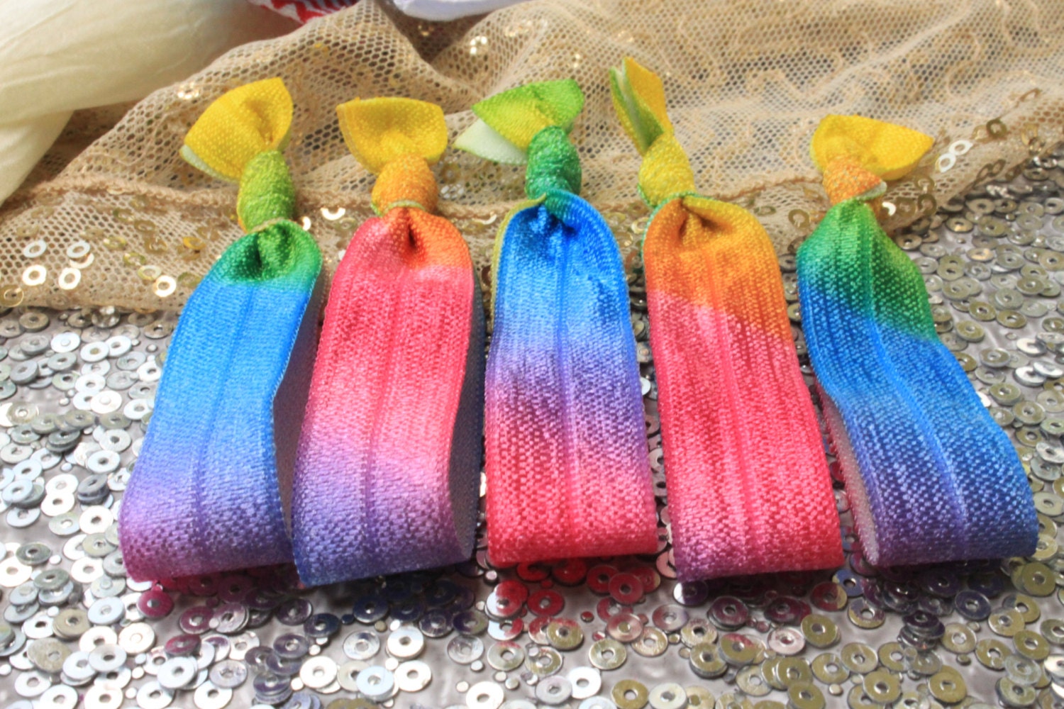 Rainbow Hair Ties Set of 10. Tie Dye Hair Ties. Girls Hair Ties. Ponytail holder. Made to Order