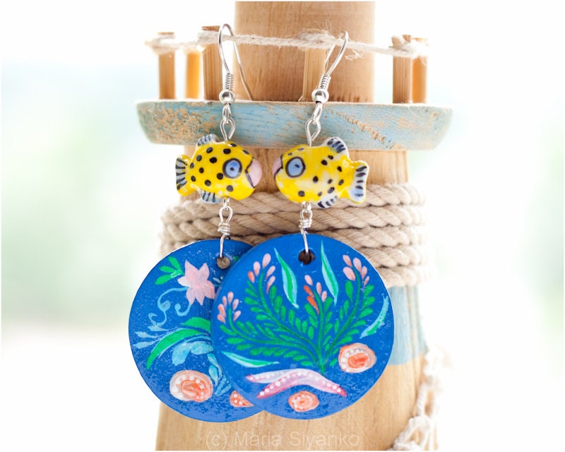 Waterworld earrings. Hand Painted Jewelry. Blue Yellow Fish Earrings. Nautical fashion. Bright colors