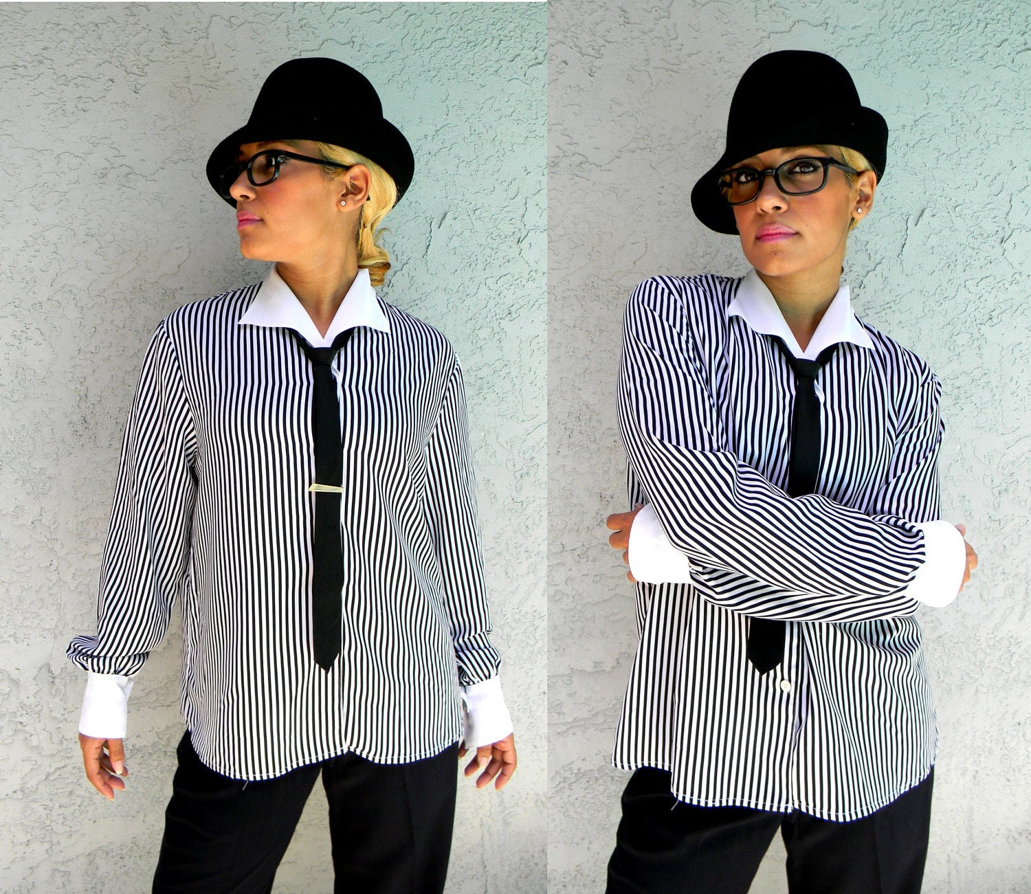 Striped Secretary Blouse - Vintage 80s Blouse w/ Black/White Stripes/Cool White Mega Cuffs - SPRING FASHION - size 12 14 Large L